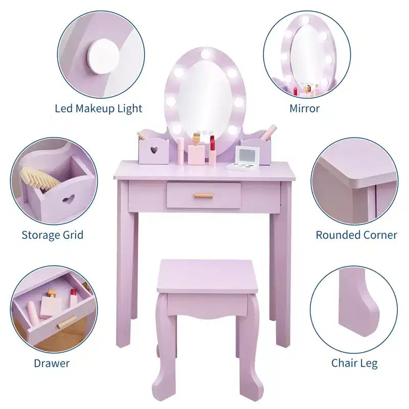 Set toeletta per bambine con specchio, tavolo da trucco e sgabello per bambini, set da gioco in legno per travestimento 4-9 anni, viola