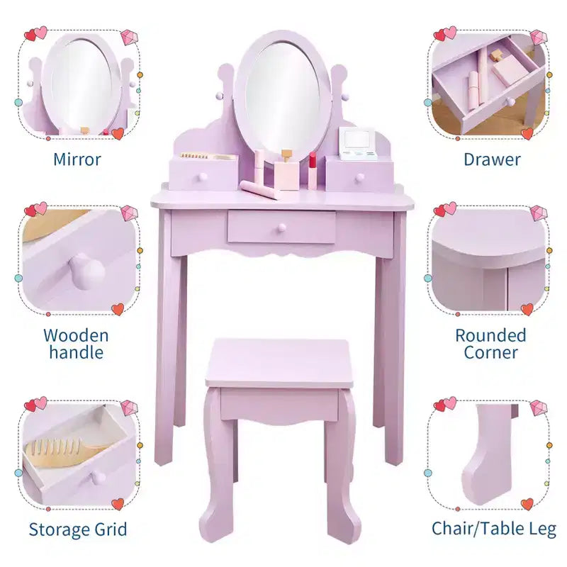 Set toeletta per bambine con specchio, tavolo da trucco e sgabello per bambini, set da gioco in legno per travestimento 4-9 anni, viola
