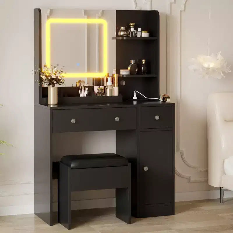 Toeletta con Specchio, Scrivania Trucco con Luci a 3 Colori, Tavolo da Trucco per Ragazze con Stazione di Ricarica, 3 Cassetti, 3 Ripiani Contenitori