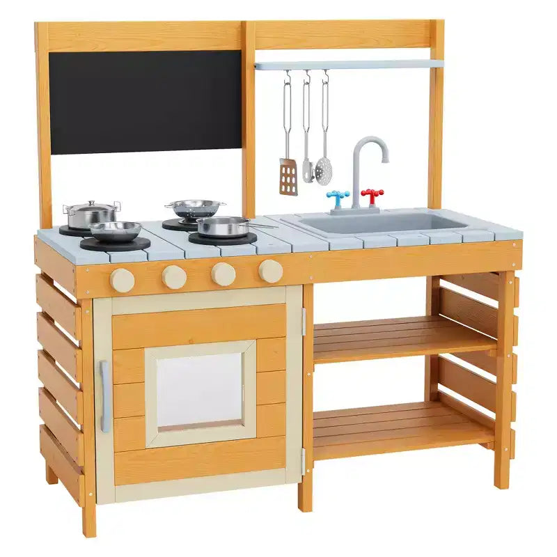 Cucina Giocattolo da Esterno per Bambini, con Utensili da Cucina, Fornello Giocattolo, Armadietto ad un'Anta, Ripiani Contenitori Inferiori, Regalo Ideale per Bambini e Bambine di 3-8 Anni