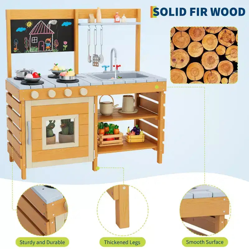 Cucina Giocattolo da Esterno per Bambini, con Utensili da Cucina, Fornello Giocattolo, Armadietto ad un'Anta, Ripiani Contenitori Inferiori, Regalo Ideale per Bambini e Bambine di 3-8 Anni