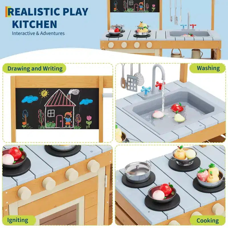 Cucina Giocattolo da Esterno per Bambini, con Utensili da Cucina, Fornello Giocattolo, Armadietto ad un'Anta, Ripiani Contenitori Inferiori, Regalo Ideale per Bambini e Bambine di 3-8 Anni