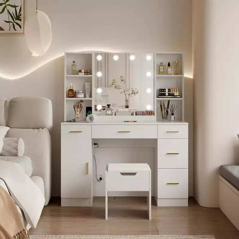 Toeletta con Specchio a LED, 5 Cassetti Scorrevole e 6 Ripiani Aperti, 3 Modalità di Illuminazione a Colori con Luminosità Regolabile, Tavolo da Trucco per Camera da Letto