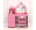 Toeletta per Bambini con Specchio e Luci, Trucco da Principessa in Legno con Sedia, Scaffali e Cassetti Contenitori, Tavolo da Toeletta per Bambine 2 in 1
