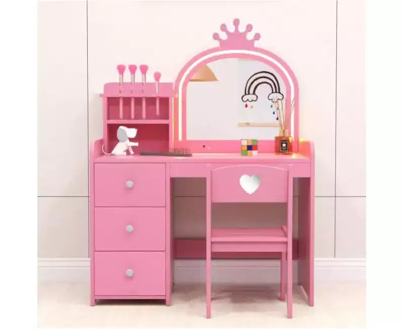 Toeletta per Bambini con Specchio e Luci, Trucco da Principessa in Legno con Sedia, Scaffali e Cassetti Contenitori, Tavolo da Toeletta per Bambine 2 in 1
