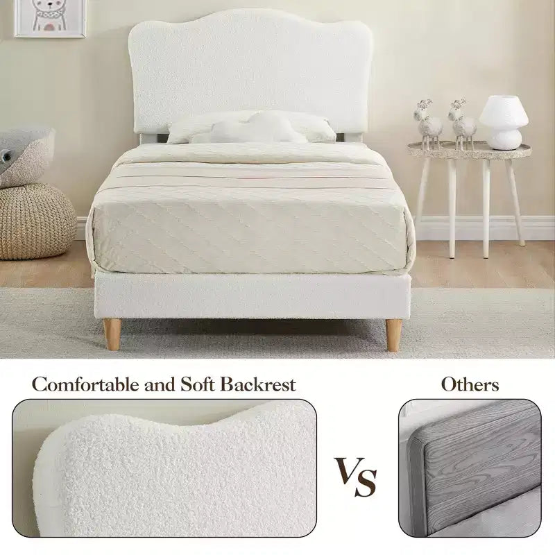 Struttura Letto per Bambini, Letto a Piattaforma Imbottito con Simpatica Testiera in Velluto Bouclé per Bambine, Non Richiede Rete a Doghe, Facile Montaggio, Design Durevole