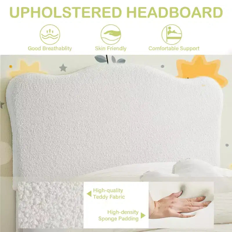 Struttura Letto per Bambini, Letto a Piattaforma Imbottito con Simpatica Testiera in Velluto Bouclé per Bambine, Non Richiede Rete a Doghe, Facile Montaggio, Design Durevole