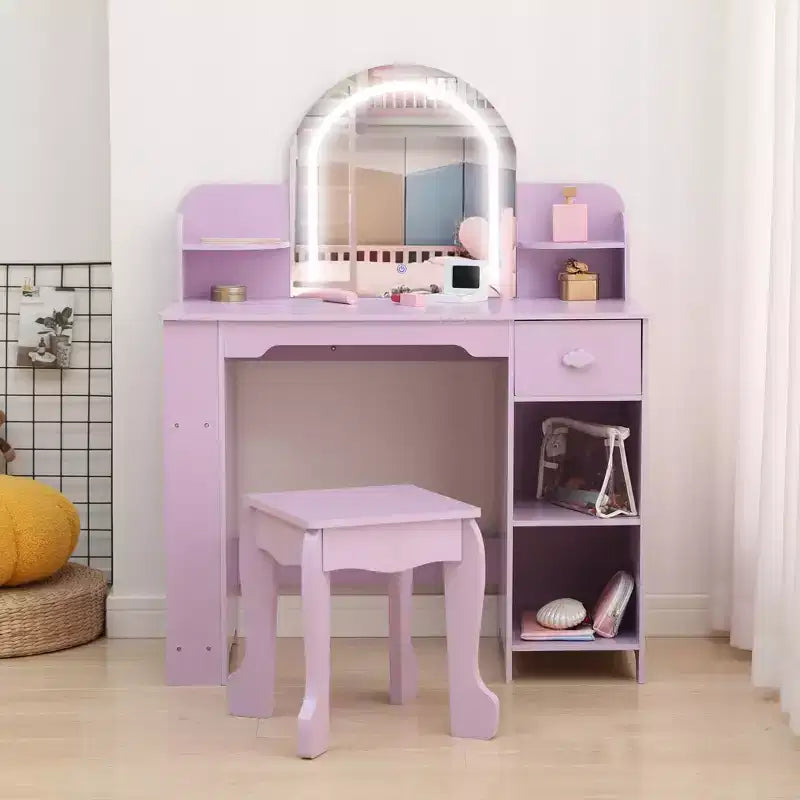Toeletta Trucchi per Bambini con Specchio Illuminato e Sgabello, Toeletta per Bambine con Libreria, Cassetto Portaoggetti