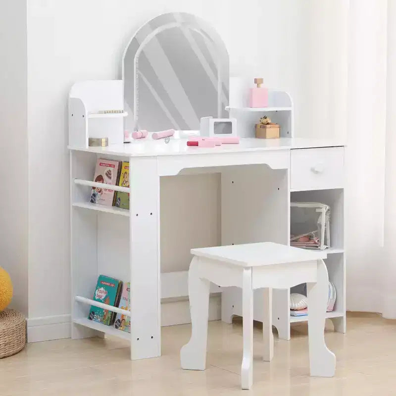 Toeletta Trucchi per Bambini con Specchio Illuminato e Sgabello, Toeletta per Bambine con Libreria, Cassetto Portaoggetti