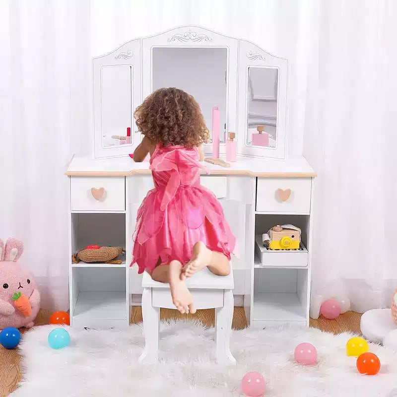 GustoWave Kids Vanity Set with Mirror and Drawer - Girls' Vanity Table and Chair Set with Wood Makeup Playset, Perfect for 3-9 Yr, White
