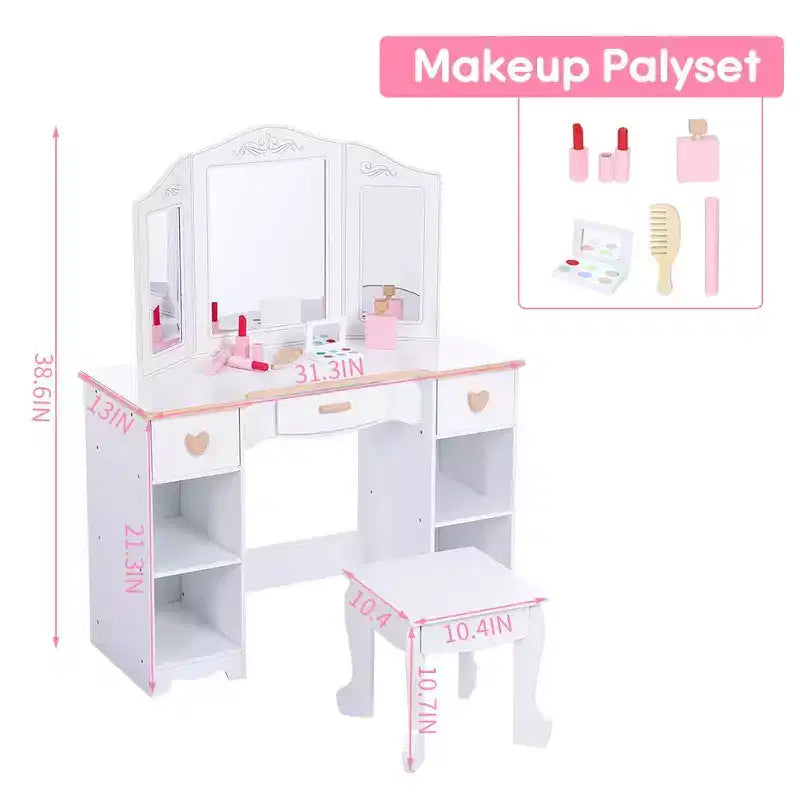 Set di toeletta per bambini con specchio e cassetto - Set tavolo e sedia da toeletta per bambine con set trucco in legno, perfetto per bambine dai 3 ai 9 anni, bianco