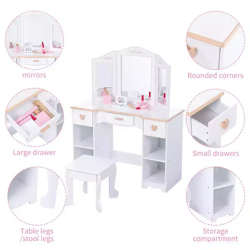 Set di toeletta per bambini con specchio e cassetto - Set tavolo e sedia da toeletta per bambine con set trucco in legno, perfetto per bambine dai 3 ai 9 anni, bianco