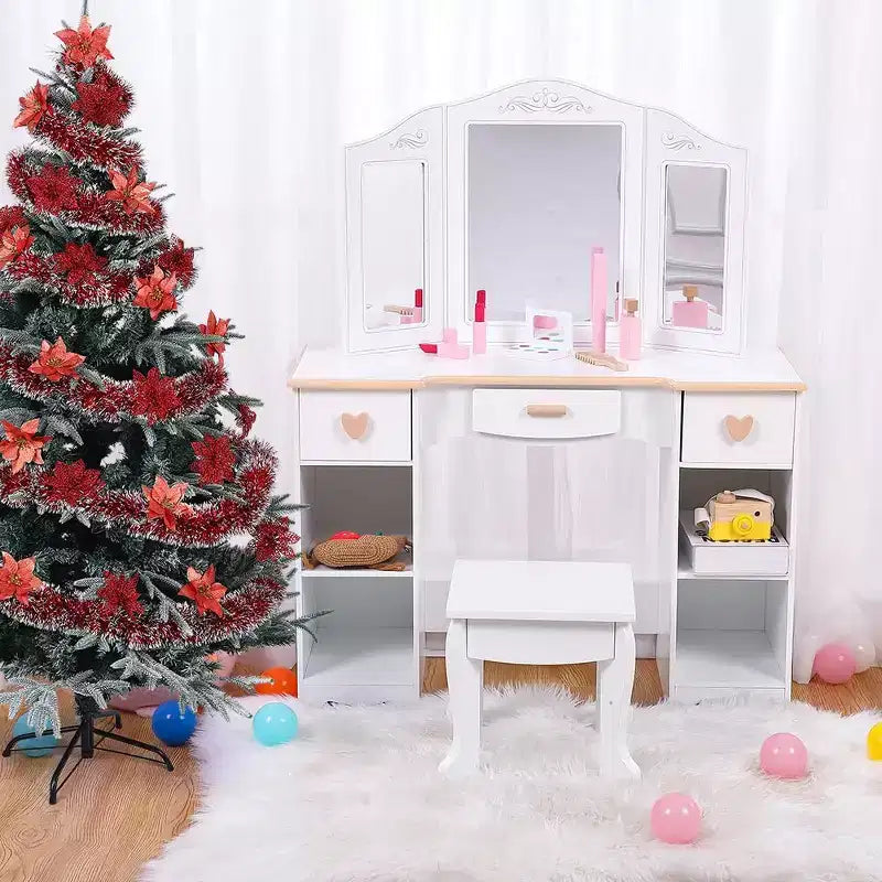 Set di toeletta per bambini con specchio e cassetto - Set tavolo e sedia da toeletta per bambine con set trucco in legno, perfetto per bambine dai 3 ai 9 anni, bianco