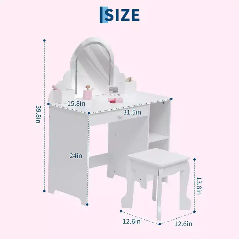Set toeletta per bambini con specchio illuminato e sgabello, tavolo da trucco con cassetto portaoggetti e ripiani per ragazze dai 3 anni in su