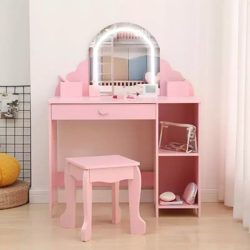 Set toeletta per bambini con specchio illuminato e sgabello, tavolo da trucco con cassetto portaoggetti e ripiani per ragazze dai 3 anni in su