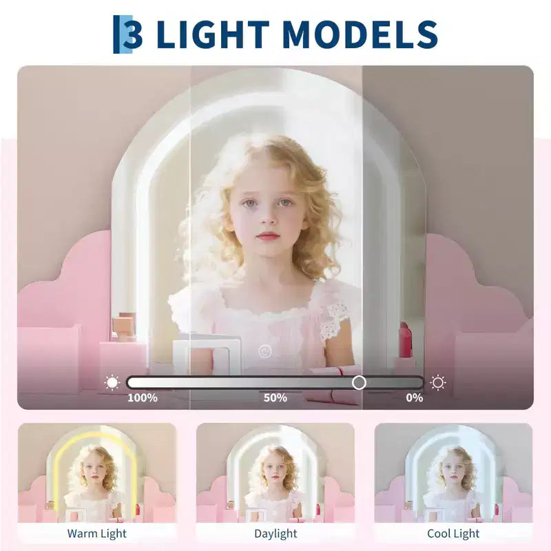 Set toeletta per bambini con specchio illuminato e sgabello, tavolo da trucco con cassetto portaoggetti e ripiani per ragazze dai 3 anni in su