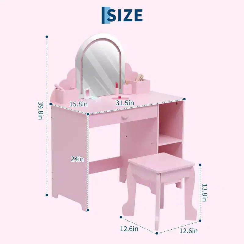 Set toeletta per bambini con specchio illuminato e sgabello, tavolo da trucco con cassetto portaoggetti e ripiani per ragazze dai 3 anni in su