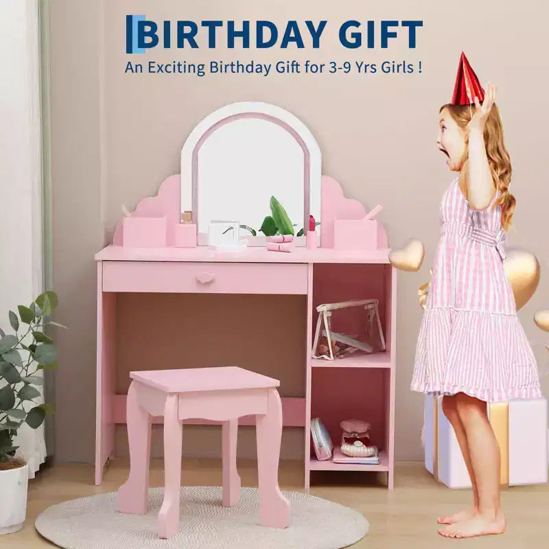 Set toeletta per bambini con specchio illuminato e sgabello, tavolo da trucco con cassetto portaoggetti e ripiani per ragazze dai 3 anni in su