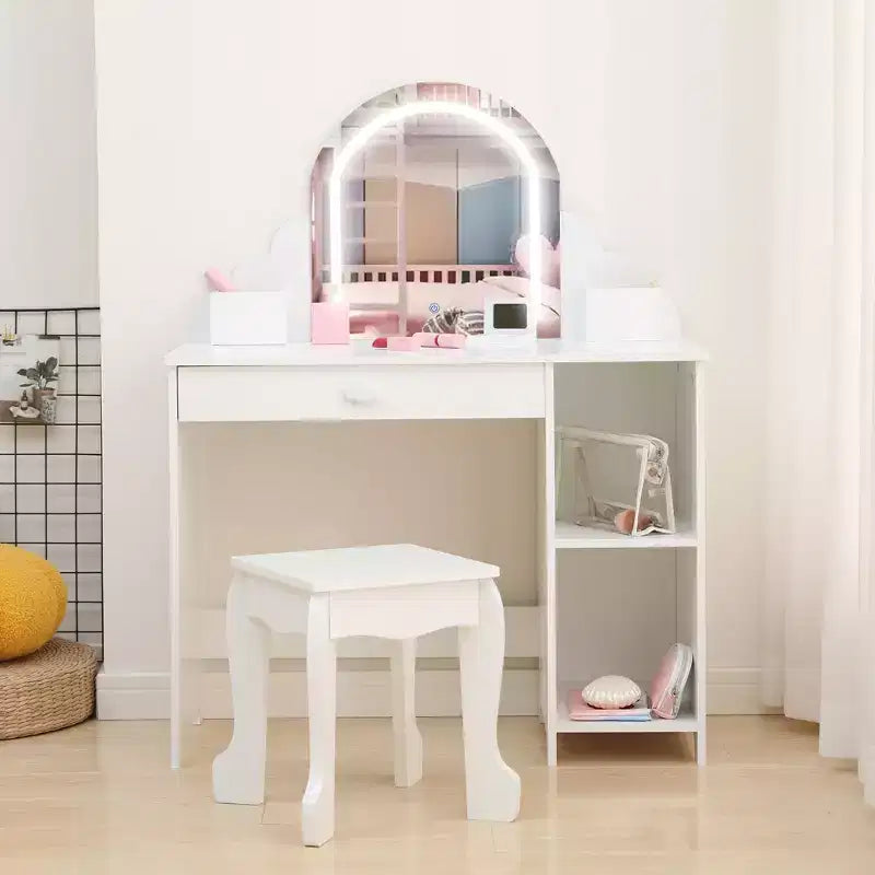 Set toeletta per bambini con specchio illuminato e sgabello, tavolo da trucco con cassetto portaoggetti e ripiani per ragazze dai 3 anni in su
