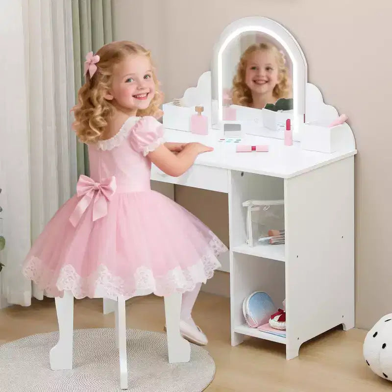 Set toeletta per bambini con specchio illuminato e sgabello, tavolo da trucco con cassetto portaoggetti e ripiani per ragazze dai 3 anni in su