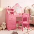 Kids Vanity Desk with Mirror and Lights, Princess Wooden Makeup Vanity with Chair, Storage Shelves and Drawers