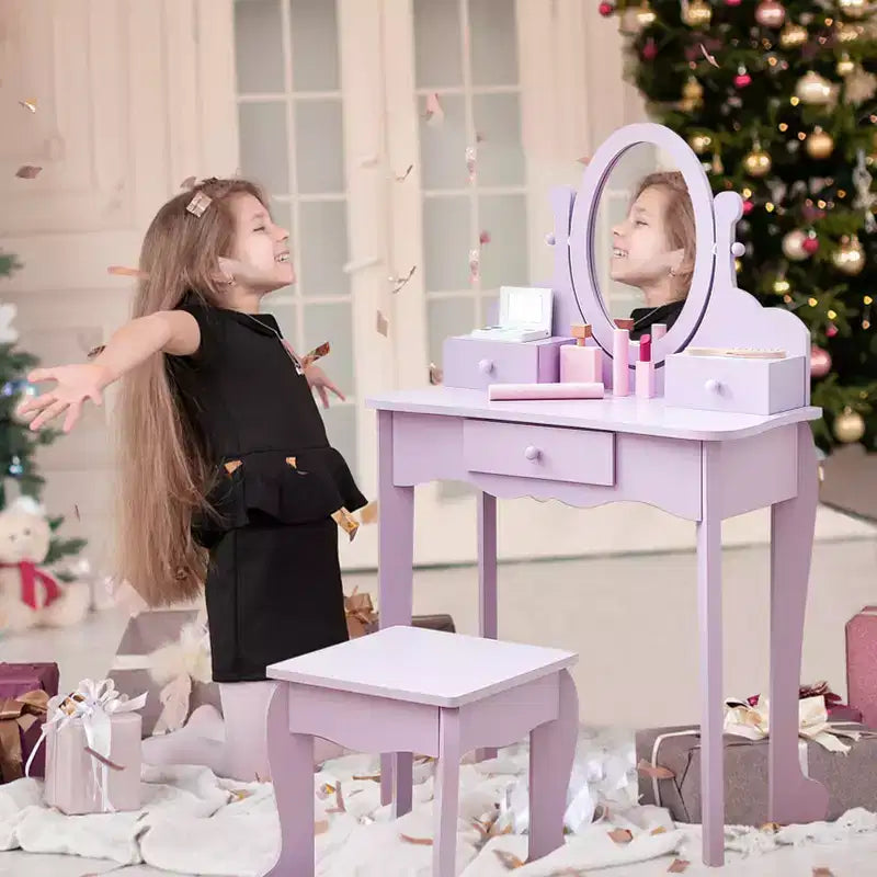 Set da Trucco per Bambini con Specchio, Tavolo da Trucco e Sgabello Scrivania e Sedia con Set da Trucco in Legno per Bambine di 4-9 Anni