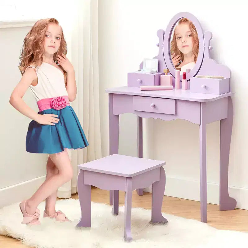 Set da Trucco per Bambini con Specchio, Tavolo da Trucco e Sgabello Scrivania e Sedia con Set da Trucco in Legno per Bambine di 4-9 Anni