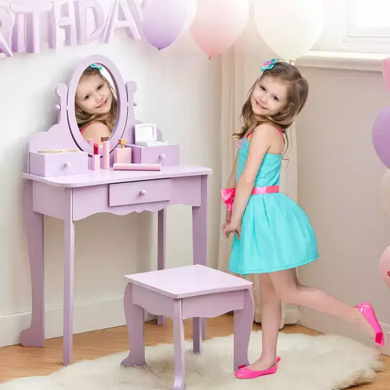 Set da Trucco per Bambini con Specchio, Tavolo da Trucco e Sgabello Scrivania e Sedia con Set da Trucco in Legno per Bambine di 4-9 Anni