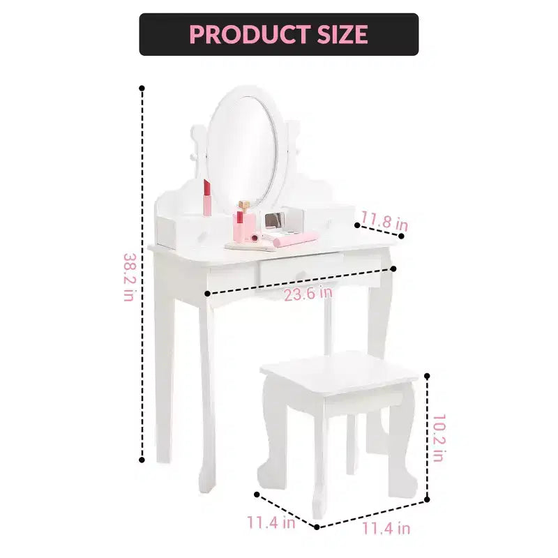 Set da Trucco per Bambini con Specchio, Tavolo da Trucco e Sgabello Scrivania e Sedia con Set da Trucco in Legno per Bambine di 4-9 Anni