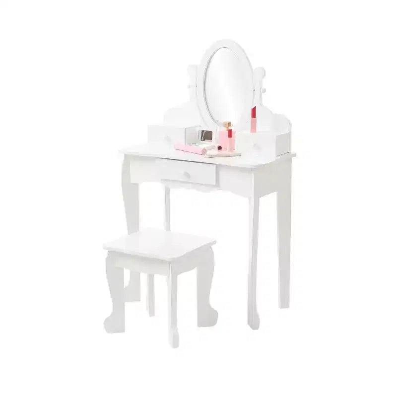 Set da Trucco per Bambini con Specchio, Tavolo da Trucco e Sgabello Scrivania e Sedia con Set da Trucco in Legno per Bambine di 4-9 Anni