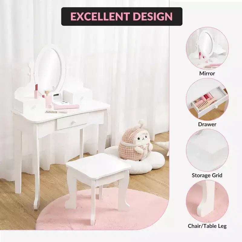 Set da Trucco per Bambini con Specchio, Tavolo da Trucco e Sgabello Scrivania e Sedia con Set da Trucco in Legno per Bambine di 4-9 Anni