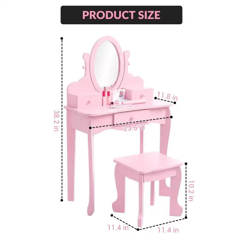 Set da Trucco per Bambini con Specchio, Tavolo da Trucco e Sgabello Scrivania e Sedia con Set da Trucco in Legno per Bambine di 4-9 Anni