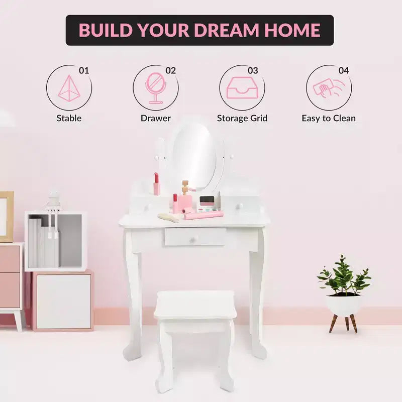 Set da Trucco per Bambini con Specchio, Tavolo da Trucco e Sgabello Scrivania e Sedia con Set da Trucco in Legno per Bambine di 4-9 Anni