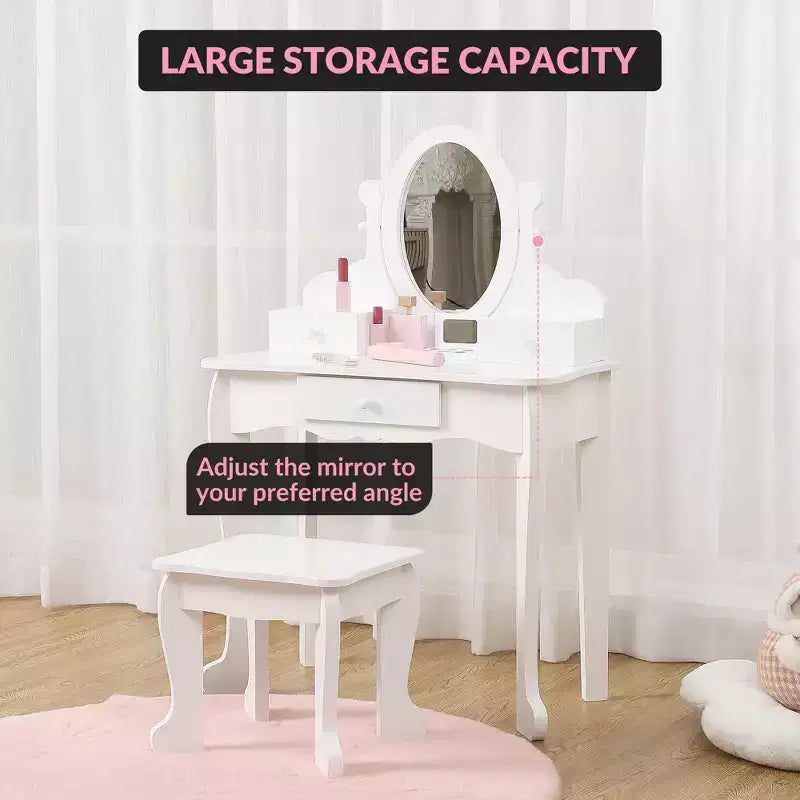 Set da Trucco per Bambini con Specchio, Tavolo da Trucco e Sgabello Scrivania e Sedia con Set da Trucco in Legno per Bambine di 4-9 Anni