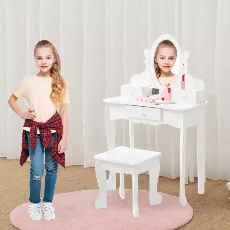 Set da Trucco per Bambini con Specchio, Tavolo da Trucco e Sgabello Scrivania e Sedia con Set da Trucco in Legno per Bambine di 4-9 Anni