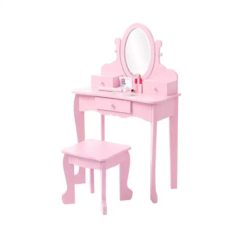 Set da Trucco per Bambini con Specchio, Tavolo da Trucco e Sgabello Scrivania e Sedia con Set da Trucco in Legno per Bambine di 4-9 Anni
