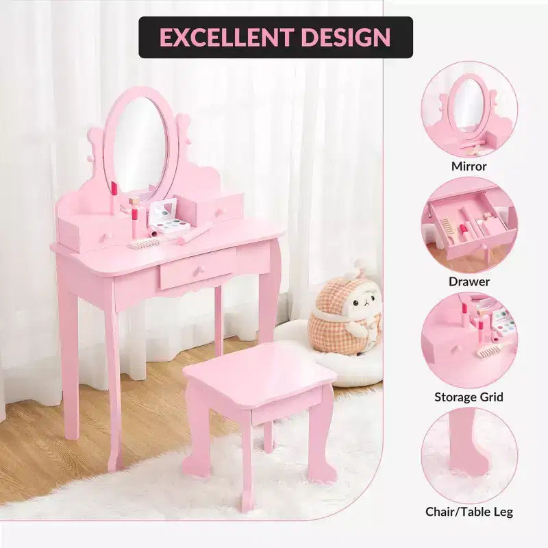 Set da Trucco per Bambini con Specchio, Tavolo da Trucco e Sgabello Scrivania e Sedia con Set da Trucco in Legno per Bambine di 4-9 Anni