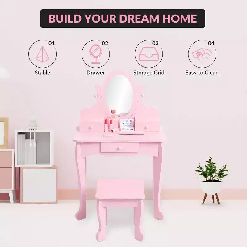 Set da Trucco per Bambini con Specchio, Tavolo da Trucco e Sgabello Scrivania e Sedia con Set da Trucco in Legno per Bambine di 4-9 Anni