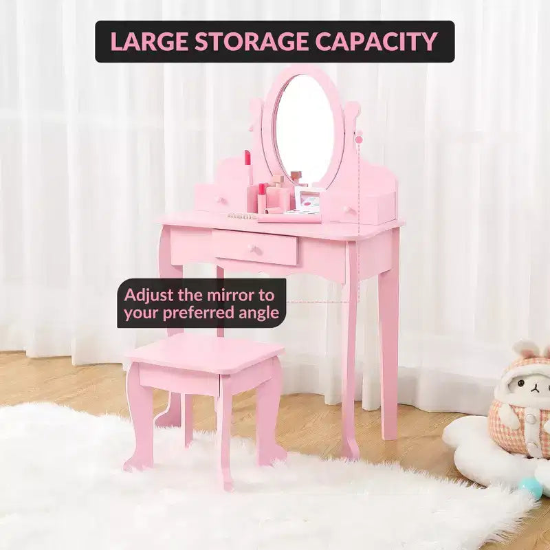Set da Trucco per Bambini con Specchio, Tavolo da Trucco e Sgabello Scrivania e Sedia con Set da Trucco in Legno per Bambine di 4-9 Anni