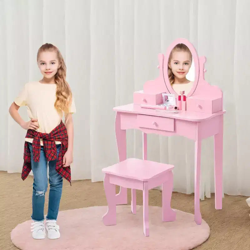 Set da Trucco per Bambini con Specchio, Tavolo da Trucco e Sgabello Scrivania e Sedia con Set da Trucco in Legno per Bambine di 4-9 Anni