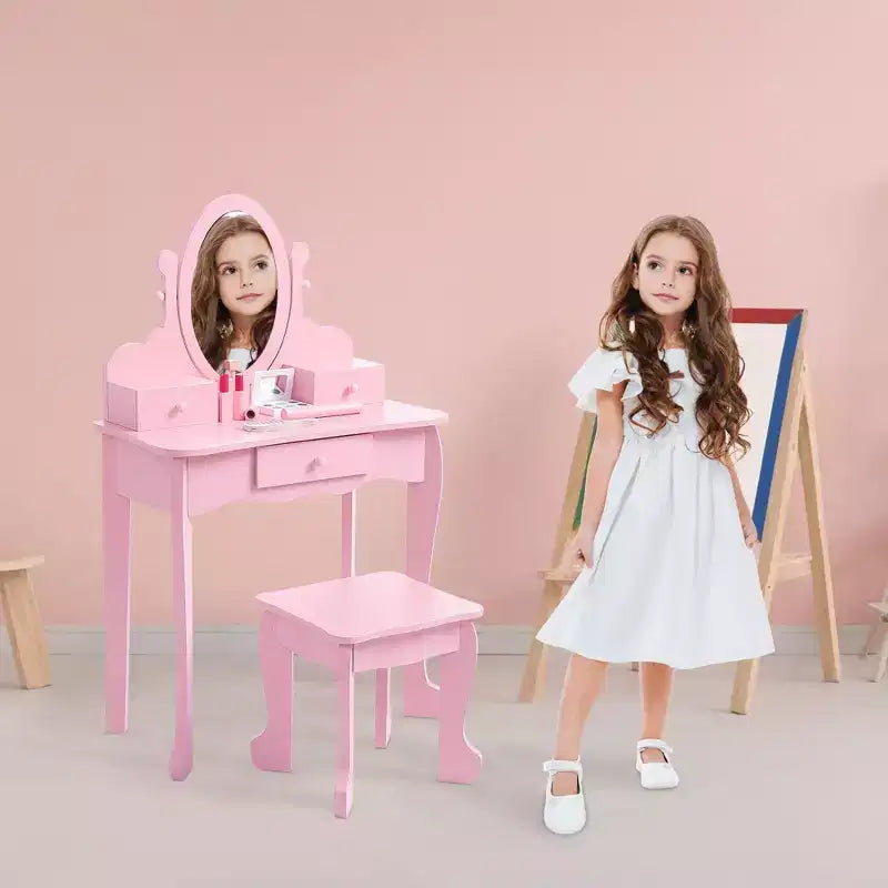 Set da Trucco per Bambini con Specchio, Tavolo da Trucco e Sgabello Scrivania e Sedia con Set da Trucco in Legno per Bambine di 4-9 Anni