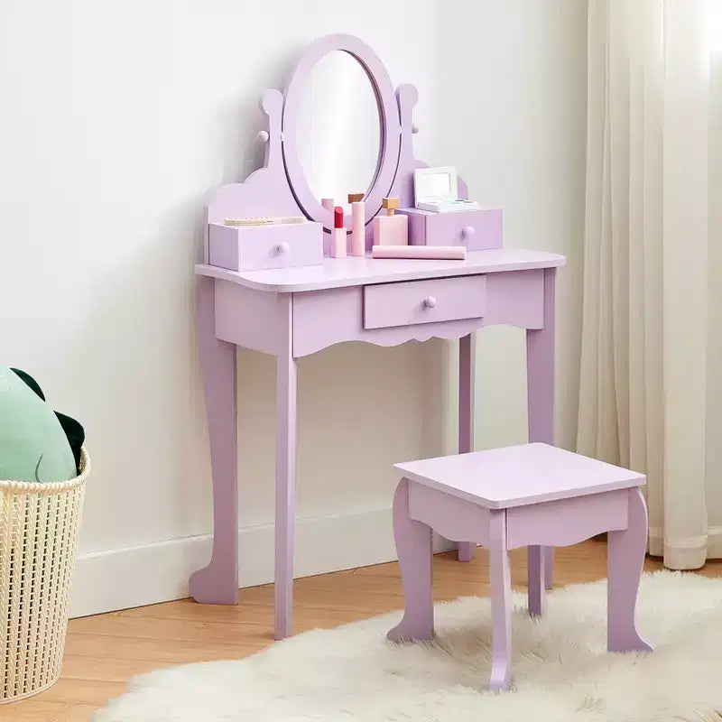 Set da Trucco per Bambini con Specchio, Tavolo da Trucco e Sgabello Scrivania e Sedia con Set da Trucco in Legno per Bambine di 4-9 Anni