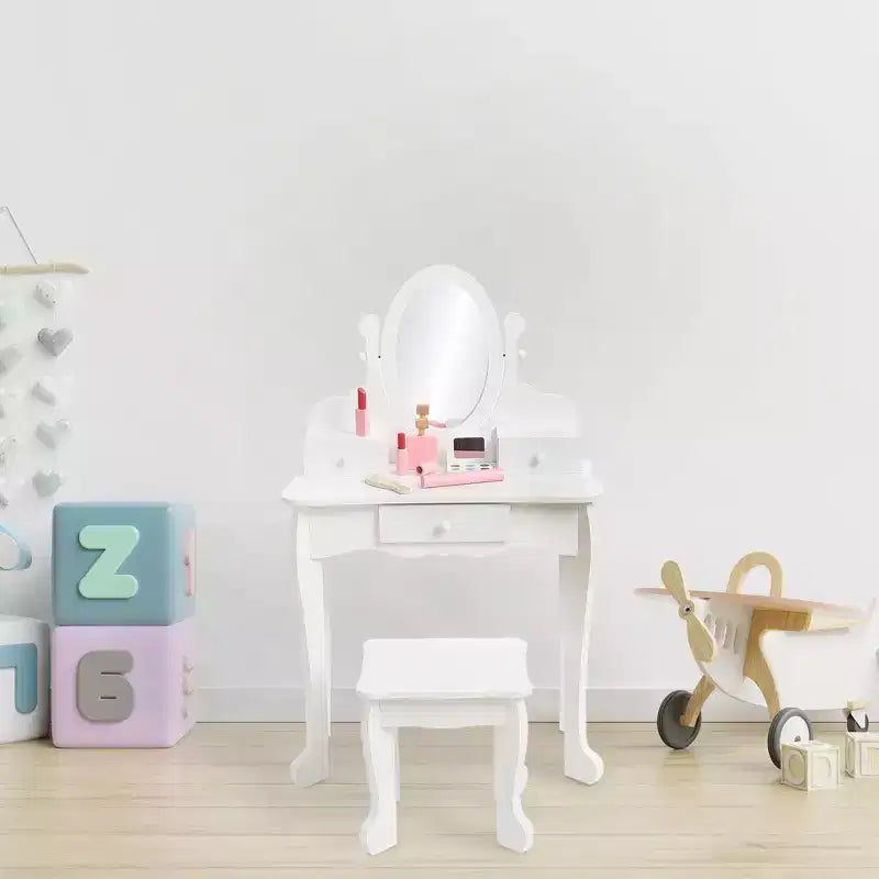 Set da Trucco per Bambini con Specchio, Tavolo da Trucco e Sgabello Scrivania e Sedia con Set da Trucco in Legno per Bambine di 4-9 Anni