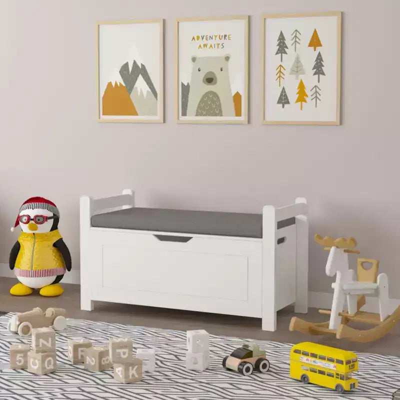 Cassa portagiochi per bambini, cassa portagiochi bianca per bambini e bambine, grande armadietto contenitore con panca con cuscino/coperchio a ribalta/cerniera di sicurezza