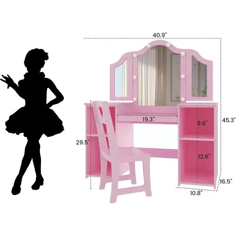Tavolino da trucco e sedia 2-in-1 per bambine, specchio a tre ante, ampio spazio contenitivo, specchio touch, facile da montare, per cameretta, rosa e bianco