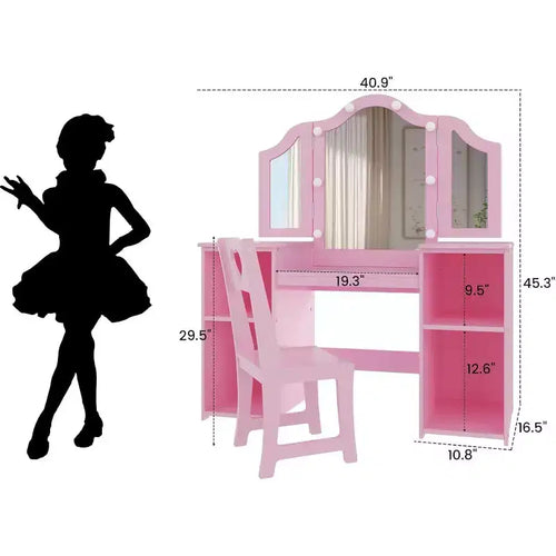 Tavolino da trucco e sedia 2-in-1 per bambine, specchio a tre ante, ampio spazio contenitivo, specchio touch, facile da montare, per cameretta, rosa e bianco