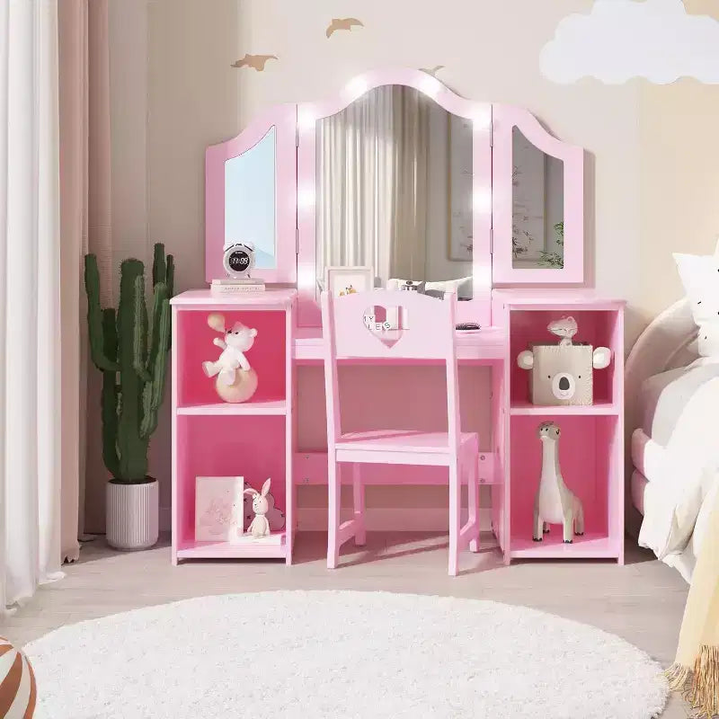 Tavolino da trucco e sedia 2-in-1 per bambine, specchio a tre ante, ampio spazio contenitivo, specchio touch, facile da montare, per cameretta, rosa e bianco