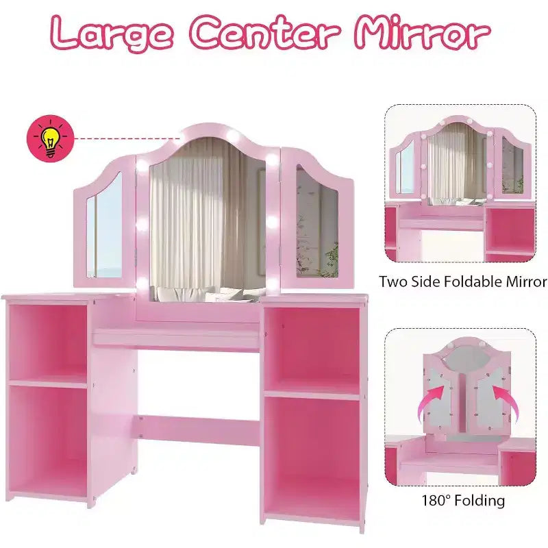 Tavolino da trucco e sedia 2-in-1 per bambine, specchio a tre ante, ampio spazio contenitivo, specchio touch, facile da montare, per cameretta, rosa e bianco