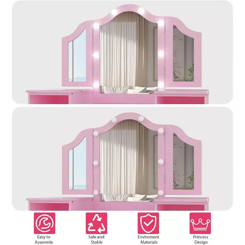 Tavolino da trucco e sedia 2-in-1 per bambine, specchio a tre ante, ampio spazio contenitivo, specchio touch, facile da montare, per cameretta, rosa e bianco