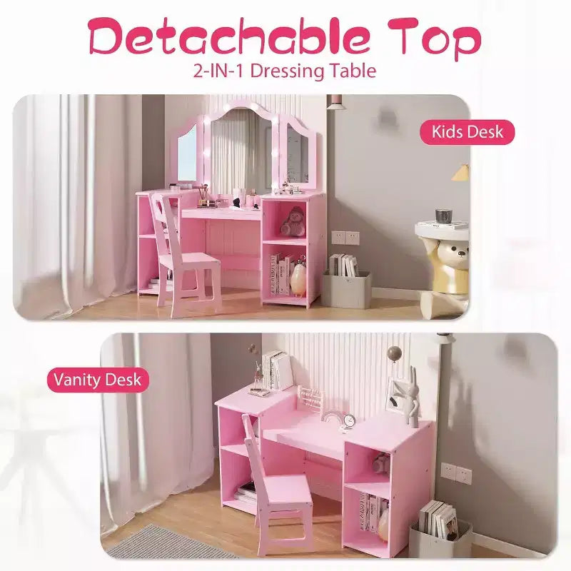 Tavolino da trucco e sedia 2-in-1 per bambine, specchio a tre ante, ampio spazio contenitivo, specchio touch, facile da montare, per cameretta, rosa e bianco